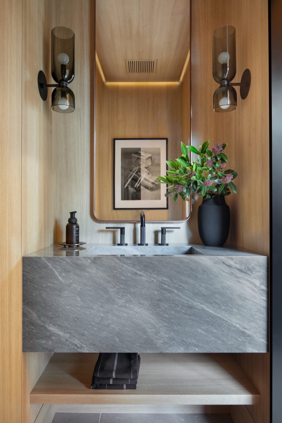 Powder room with walnut vanity and art, Greenmount Road Residence